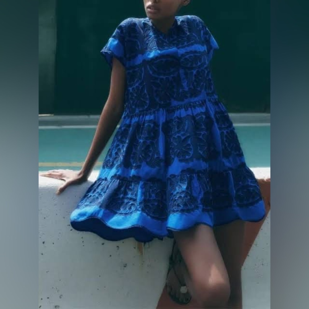 ZARA Embroidered Tunic Short Dress Cobalt Blue Size XS Bloggers Fave